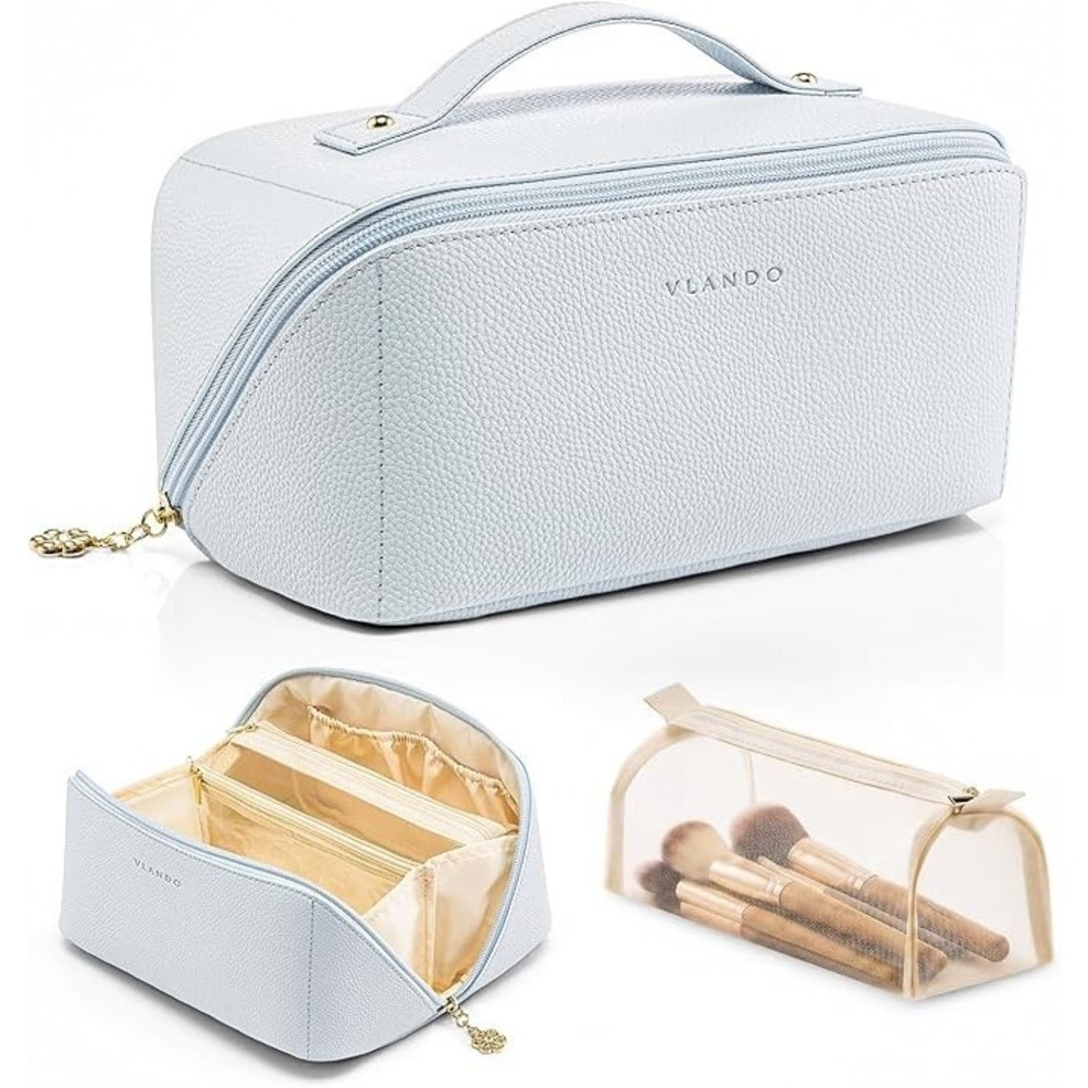 VLANDO Womens Travel Toiletry Makeup Bag Baby Blue Faux Leather Organizer